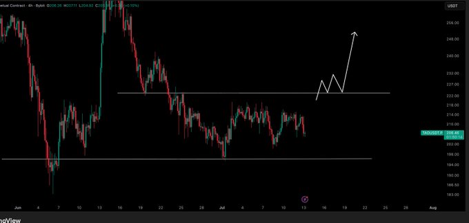 A 4-hour candlestick chart of TAO/USDT trading around $204.68 shows price consolidating between roughly $198 and $223, with a hand-drawn white arrow indicating a potential breakout above the $223 supply zone toward the $248 area. The chart visually supports the post's strategy of waiting for a reclaim of the $223 resistance level before entering a long position.