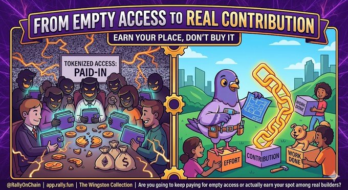 The image features two cartoon illustrations, one depicting a group of people sitting at a table with stacks of money, while the other shows a group of people working together to build something using blocks. The first illustration represents a financial system where individuals invest their time and effort into building wealth through tokenized groups or pools of money, whereas the second illustration emphasizes the importance of real contributions and collaboration in creating a strong foundation for success.