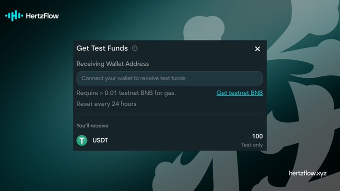 HertzFlow 'Get Test Funds' popup dialog requiring a connected wallet to receive 100 USDT test funds, with a link to get testnet BNB.