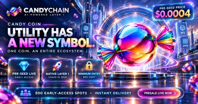 The promotional banner for CandyChain (AI-powered Layer 1) showcases the Candy Coin presale at $0.0004, highlighting features like Pre-Seed VIP Early Access, a Native Layer 1 Chain (ID 2828), and a Minimum Entry of $50 USDT across 500 early-access spots. The colorful, candy-wrapped design with a futuristic cityscape ties directly to the post's call for early investors to join the multi-sector L1 ecosystem (DeFi, gaming, RWA, prediction markets, AI) before broader attention arrives.