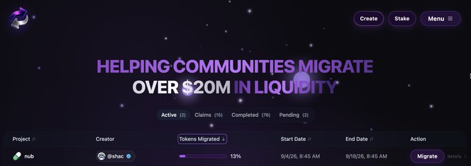 A dark-themed website dashboard displaying "HELPING COMMUNITIES MIGRATE OVER $20M IN LIQUIDITY" with tabs for Active, Claims, Completed, and Pending projects.