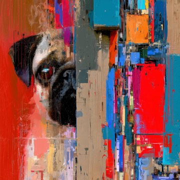 An abstract mixed-media painting featuring fragmented vertical stripes of red, blue, and beige alongside a detailed, realistic rendering of a dog's face.