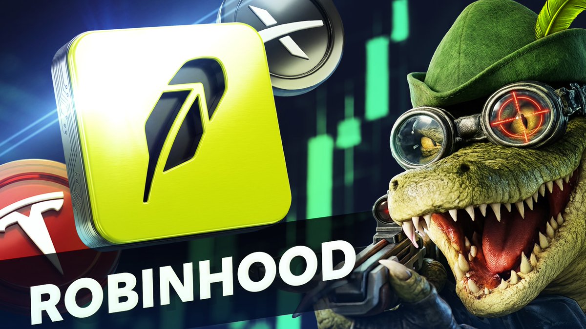 A crypto-themed graphic featuring the Robinhood app icon, an XRP logo, a Tesla logo, and an anthropomorphic crocodile wearing a hat and goggles, with 'ROBINHOOD' text.