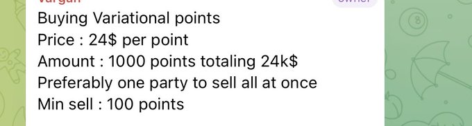 The image shows a sale listing for Variational points at 24¢ each, with 1,000 points (totaling $240) available for purchase, minimum 100 points per sale, preferably sold all at once. This connects to the post about a Variational airdrop, as the seller is likely liquidating their received airdrop points for quick profit.