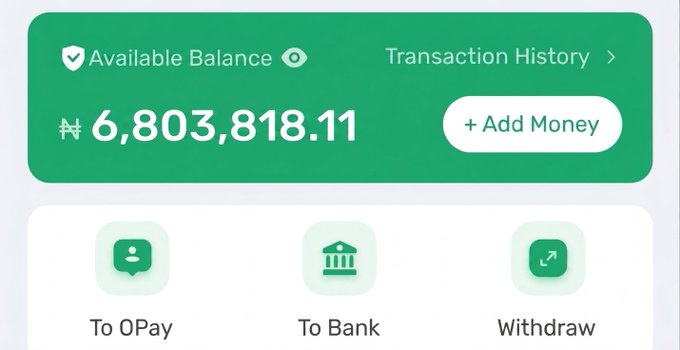 The image shows a digital wallet interface displaying an Available Balance of ₦6,803,818.11 with options to Add Money, view Transaction History, and transfer To OPay, To Bank, or Withdraw. This corresponds to the post claiming a fast ₦6 million send, with the wallet balance visually supporting the brag of transferring that amount.
