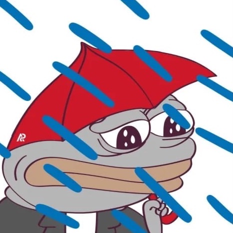 A cartoon image of a sad gray character wearing a red hood, overlaid with blue diagonal lines suggesting rain.