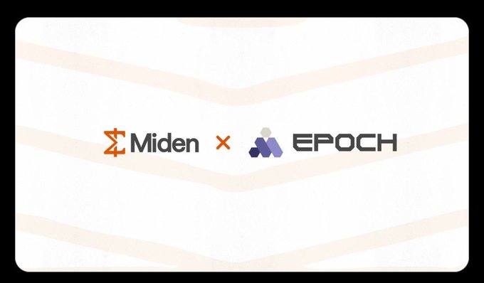 A minimalist graphic showing two logos with an 'x' between them: 'Miden' (with an orange icon) and 'EPOCH' (with a purple triangular icon), set against a white background with beige chevron stripes.
