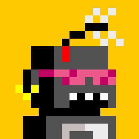Pixel art depicting a robot or character holding a flower, wearing a hat with smoke rising, on a yellow background.