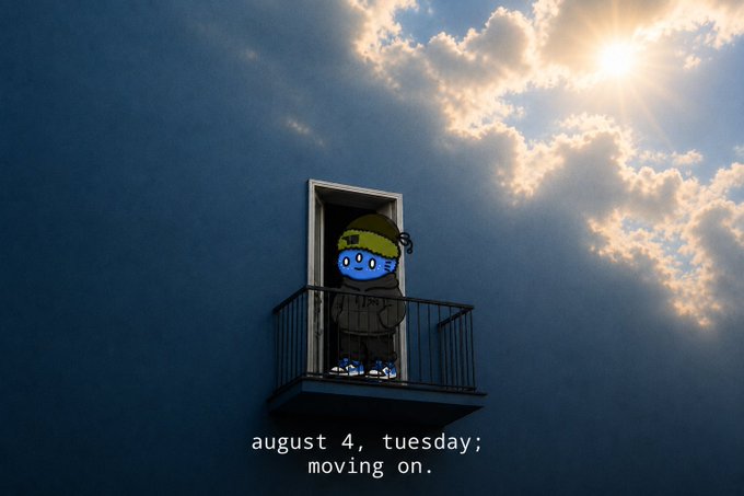An illustration of a blue-faced character wearing a yellow headband and jacket standing on a small balcony against a blue wall, with clouds and sunlight to the right, and text reading 'august 4, tuesday; moving on.'