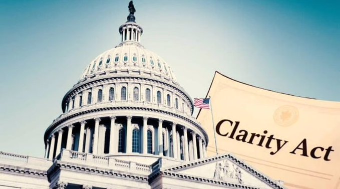 The image shows the U.S. Capitol dome alongside a document labeled "Clarity Act," visually representing the upcoming September 15 Senate vote on the CLARITY Act, the crypto market structure legislation the White House is pushing to pass.