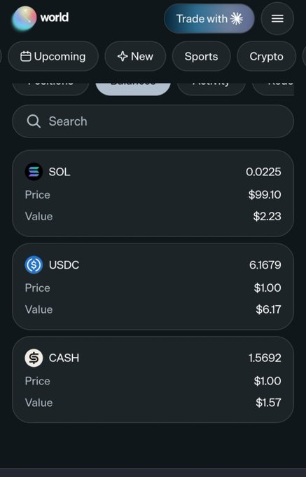 A mobile app screenshot from 'world' showing cryptocurrency portfolio balances for SOL ($99.10), USDC ($1.00), and CASH ($1.00) with tabs for Upcoming, New, Sports, and Crypto.