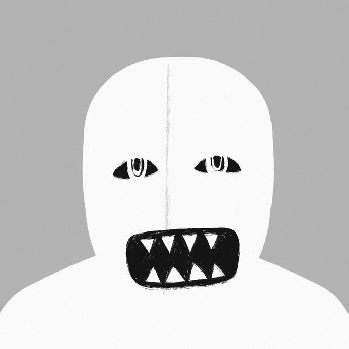A minimalist digital drawing of a featureless white figure on a gray background, characterized by small, mischievous eyes and a large black mouth filled with jagged white teeth.