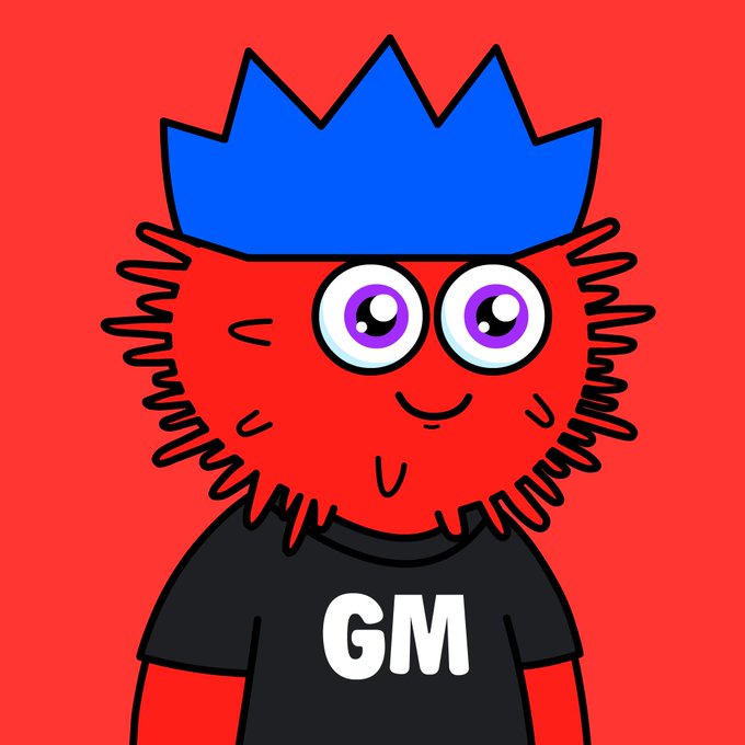 Cartoon illustration of a red fuzzy character with purple eyes wearing a blue crown and a black shirt that says 'GM' on a red background.