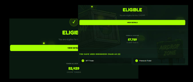 A Chomponhood eligibility check shows users as “ELIGIBLE,” with 52,439 CHOMP tokens and a claimed $7,729 value; it notes the $RHM Robinhood ticker and has used Robinhood Chain, with options to view details or mint an NFT. The image illustrates the airdrop eligibility page mentioned in the post, accessible without connecting a wallet.