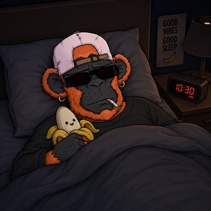 An illustration of a bearded monkey character wearing sunglasses, a white cap, and gold hoop earrings, lying in bed smoking a cigarette while holding a banana, with a digital clock showing 10:30 PM and a 'GOOD VIBES GOOD SLEEP' poster.