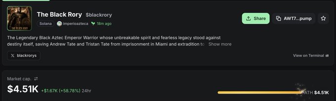 The image shows a memecoin profile for "The Black Rory" ($blackrory) on Solana, with a market cap of $4.51K (+58.78% in 24h), addressing it as a "Legendary Black Aztec Emperor Warrior" with absurd heroic claims about saving figures named Andrew and Tristan Tate—the meme-style branding and ticker align with the post's "pump.fun" launch announcement for the comedic token.