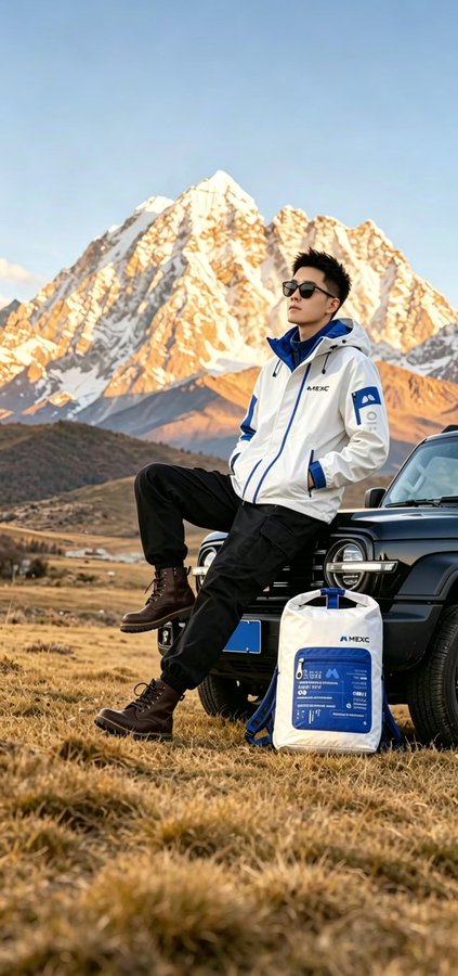 A person wearing sunglasses and a white and blue 'MEXC' branded jacket sitting on a vehicle bumper in a mountainous landscape, with an 'MEXC' branded bag placed on the grass nearby.