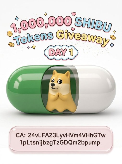 A colorful 3D-rendered image advertises a "1,000,000 SHIBU Tokens Giveaway" on Day 1, featuring a smiling Shiba Inu dog inside a green-and-white capsule, with the contract address "24vLFAZ3LyvHVm4VHhGTw1pLtsnijbzgTzGDQm2bpump" displayed below.