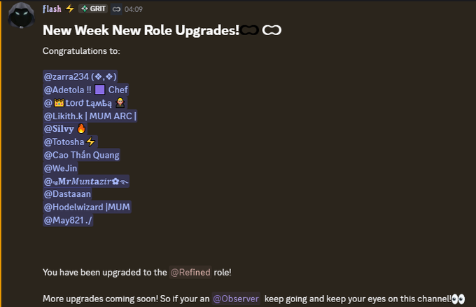 A Discord message titled 'New Week New Role Upgrades!' congratulating various users and stating 'You have been upgraded to the @Refined role!'