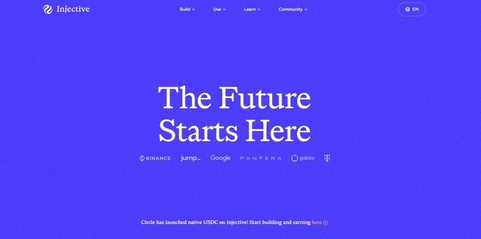 The Injective website homepage with a blue background displaying "The Future Starts Here" and logos of partners including Binance, Jump, Google, Pantera, and Galaxy.