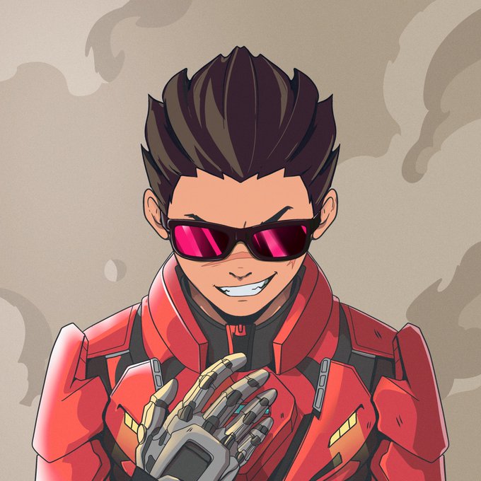 An anime-style illustration of a character with spiky dark hair wearing red/magenta sunglasses and red futuristic armor, smiling while holding up a cybernetic hand.