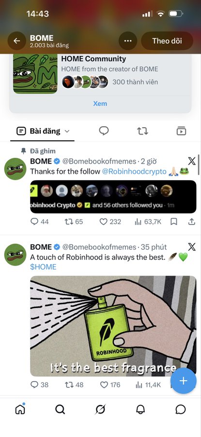A Twitter/X screenshot shows the verified "BOME" meme account (@Bomebookofmemes) thanking @RobinhoodCrypto for following and teasing a collaboration, referencing the $HOME community token. The post warns that BOME is a community-created account without an official X presence, so investors should be cautious about FOMOing into $HOME at high prices based on apparent crypto exchange interest.