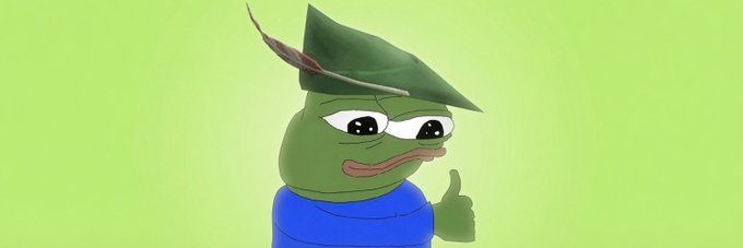 A 3D-rendered Pepe the Frog character wearing a green Robin Hood-style hat with a feather gives a thumbs-up against a bright green background, visually reinforcing the post's claim about $PEPE's potential listing on Robinhood and its strong whale community.