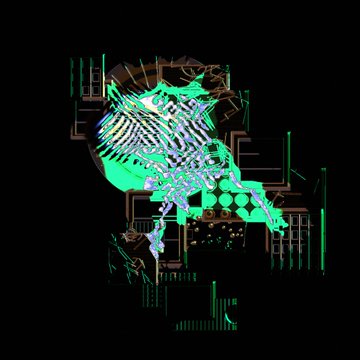 A glitchy, neon green abstract digital artwork with geometric shapes and lines against a black background.