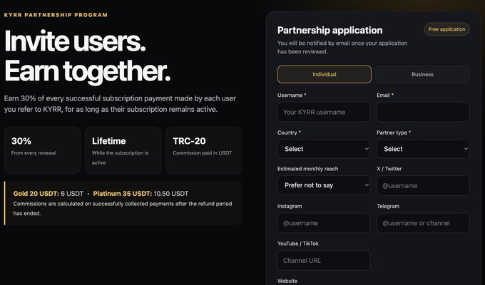 The image showcases the KYRR Partnership Program landing page, featuring a "Partnership application" form with fields for username, email, country, and social media handles, alongside highlights of a 30% lifetime commission paid in USDT (TRC-20) with tiered rewards of Gold (6 USDT) and Platinum (35 USDT). It visually supports the post's announcement about KYRR AI's upcoming affiliate program, where participants can earn lifetime revenue from subscriber payments.