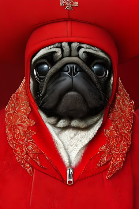 A pug dog with large blue eyes is illustrated wearing a red hooded garment and ornate red collar, set against a solid red background.