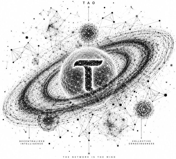 A black-and-white cosmic illustration featuring a planet with rings surrounded by interconnected geometric nodes, with the word "TAO" at the top and "DECENTRALIZED INTELLIGENCE," "COLLECTIVE CONSCIOUSNESS," and "THE NETWORK IS THE MIND" labeled around it. The image visually represents Bittensor's (TAO) decentralized AI network, complementing the post's excitement about rapid developments across its subnets.