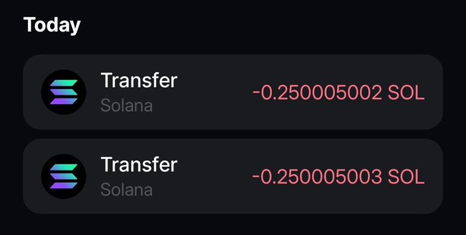 The image shows a transaction history displaying two outgoing Solana transfers of -0.250005002 SOL and -0.250005003 SOL, confirming the approximately 0.25 SOL rewards sent to the two winners mentioned in the post.