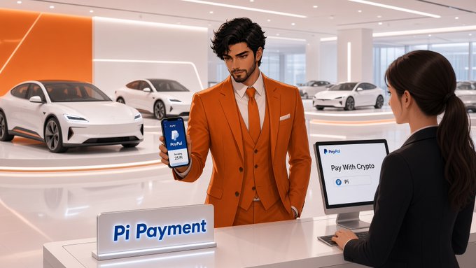 A man in an orange suit uses a 'Pi Payment' app on his phone while speaking to a staff member at a sleek car dealership displaying the Pi logo.