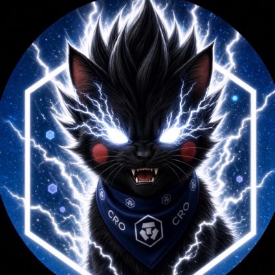 A stylized illustration features a fierce black cat with glowing red eyes and bared fangs, wearing a blue bandana marked 'CRO' and 'CRO,' set against an electric blue background with lightning bolts.