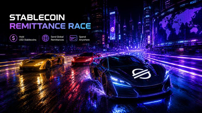 A neon purple promotional graphic titled "STABLECOIN REMITTANCE RACE" featuring sports cars, with text reading "Hold USD Stablecoins," "Send Global Remittances," and "Spend Anywhere."
