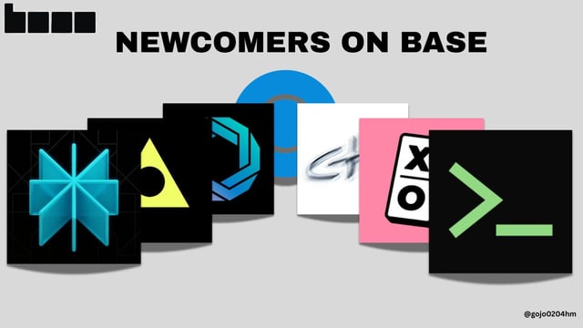Graphic titled 'NEWCOMERS ON BASE' featuring the Coinbase/Base logo surrounded by various crypto project logos including Tezos, Pyth, XO, and others.