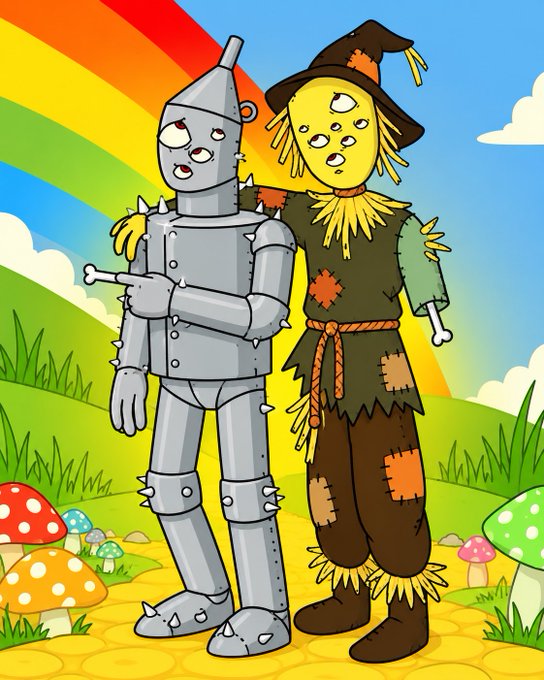 A cartoon illustration of the Tin Man and the Scarecrow from The Wizard of Oz standing together on a yellow brick path with a rainbow.