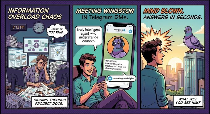 A three-panel comic strip titled 'INFORMATION OVERLOAD CHAOS' depicting a man overwhelmed by documents, discovering 'Wingston' an AI agent in Telegram DMs, and having his mind blown with answers.