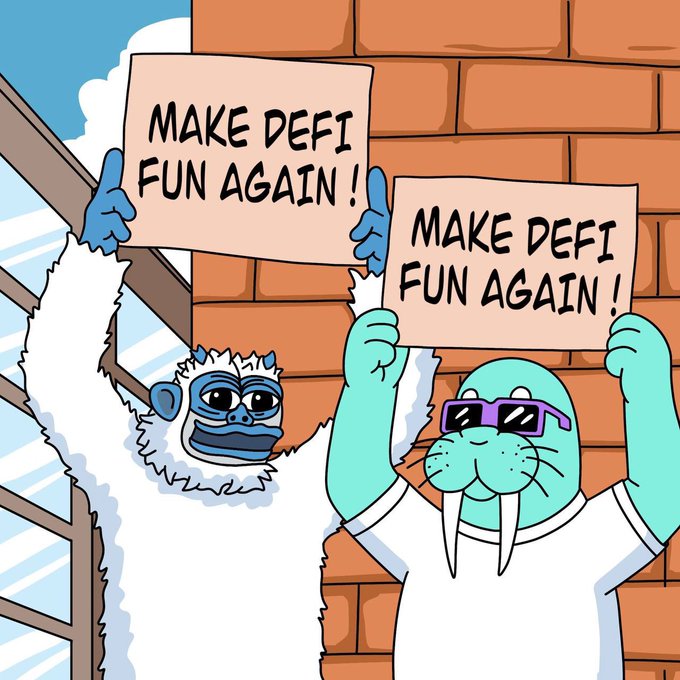 A cartoon illustration of a blue monkey-like character and a teal walrus wearing sunglasses, both holding protest signs that read "MAKE DEFI FUN AGAIN!"