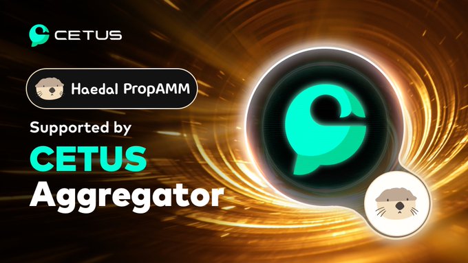 The image is a promotional graphic announcing that **Haedal PropAMM is now supported by the Cetus Aggregator**, featuring the Cetus logo and name along with a cute otter mascot representing Haedal, all set against a glowing golden circular background. It visually reinforces the post's message about expanding routing coverage and liquidity on the Sui network with the new AMM integration.