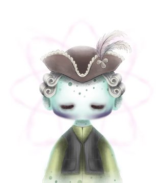 A whimsical illustration of a doll-like figure with closed eyes, wearing a brown tricorn hat adorned with pearls and a flower, with curly hair and freckles, dressed in a green coat with a dark vest, set against a soft pink floral mandala background.
