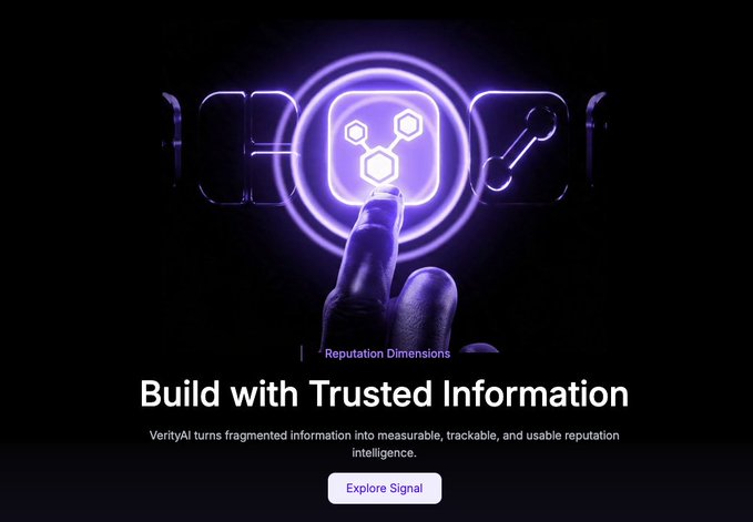 A dark website banner for 'VerityAI' features a glowing purple hexagonal logo with a finger pressing a button, accompanied by the text 'Reputation Dimensions,' 'Build with Trusted Information,' and an 'Explore Signal' button.