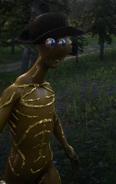 A 3D-rendered character wearing a brown cowboy hat with googly eyes and a metallic gold skeleton-like outfit, standing in a forested outdoor environment.
