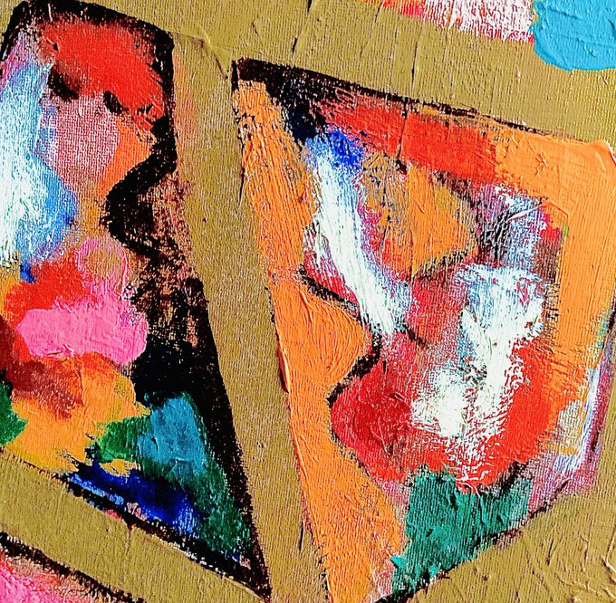 An abstract textured painting with thick impasto brushstrokes in vibrant colors including orange, red, black, white, blue, and green against a mustard-yellow background.