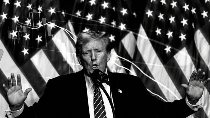 This image shows Donald Trump speaking in front of an American flag overlaid with financial charts, symbolizing the news of his family's World Liberty Financial receiving preliminary conditional approval for a national trust bank charter.