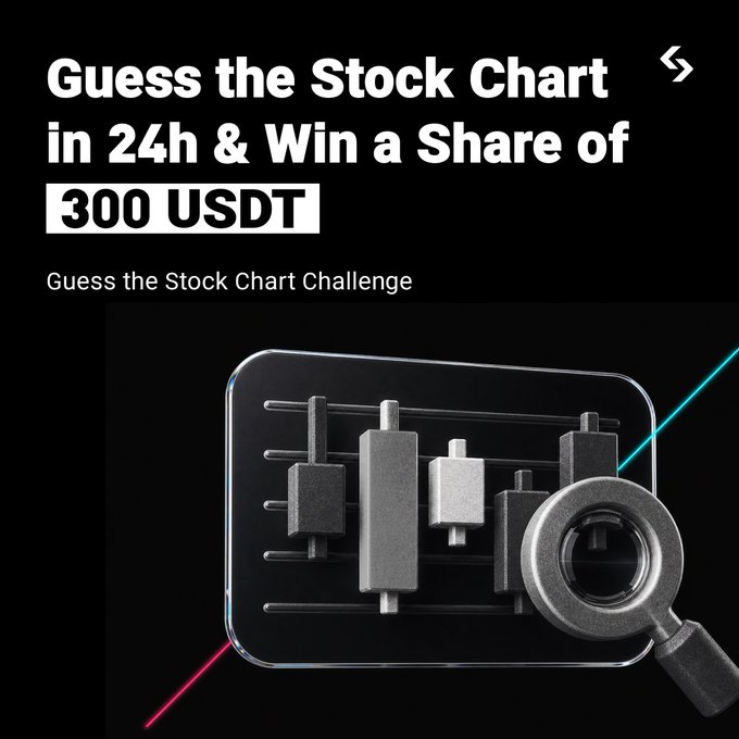 A promotional graphic for the "Guess the Stock Chart Challenge" featuring 3D candlestick chart bars under a magnifying glass on a black background, advertising a chance to win a share of 300 USDT by predicting a mystery stock within 24 hours. The image visually reinforces the challenge's theme of analyzing hidden stock patterns, matching the post's call to action for followers to comment their guesses and tag friends.