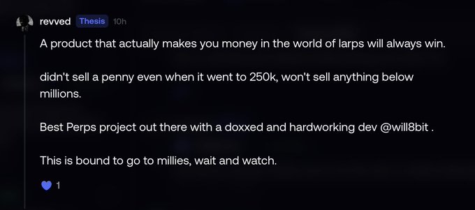 A Discord message from user "revved" in the "Thesis" channel discusses perpetual contracts, stating that a profitable product will always win and expressing strong bullish sentiment for the $PURPS project, noting the dev @will8bit is doxxed and hardworking, and predicting it will reach millions in market cap.