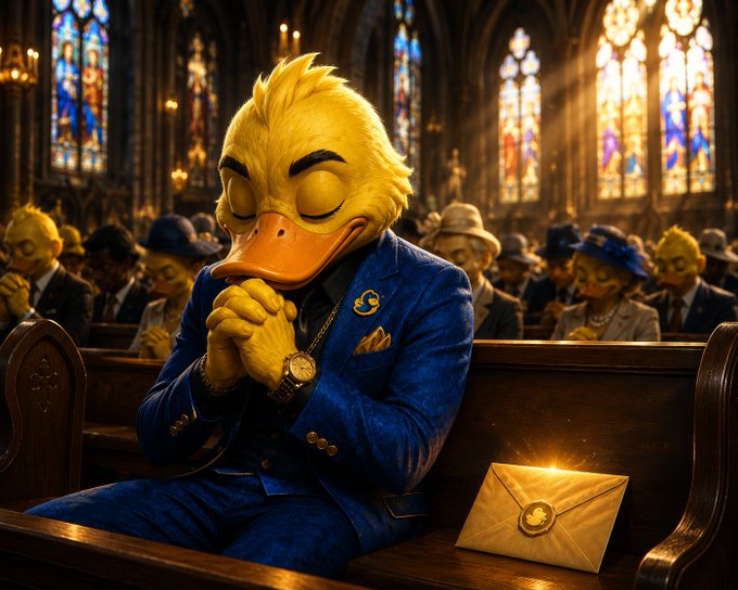 A digital illustration depicts a yellow duck character in a blue suit praying in a church pew with a glowing envelope beside him.