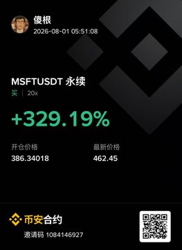 A mobile screenshot dated 2026-08-01 showing a Binance contract trade result for MSFTUSDT (永续) with a +329.19% gain, opening price 386.34018 and latest price 462.45, by user 傻根 (invitation code 1084146927).