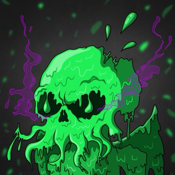 A cartoon-style illustration of a green, melting skull with glowing dark eyes and dripping slime, surrounded by purple wisps.